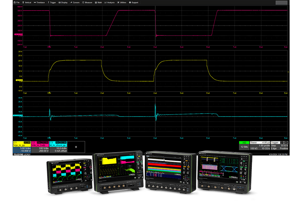 前景中使用 Teledyne LeCroy 高清示波器 (HDO) 產品線從 500 MHz 到 200 GHz 進行 8V 電源轉換信號采集 (Vds、Vgs、Id)