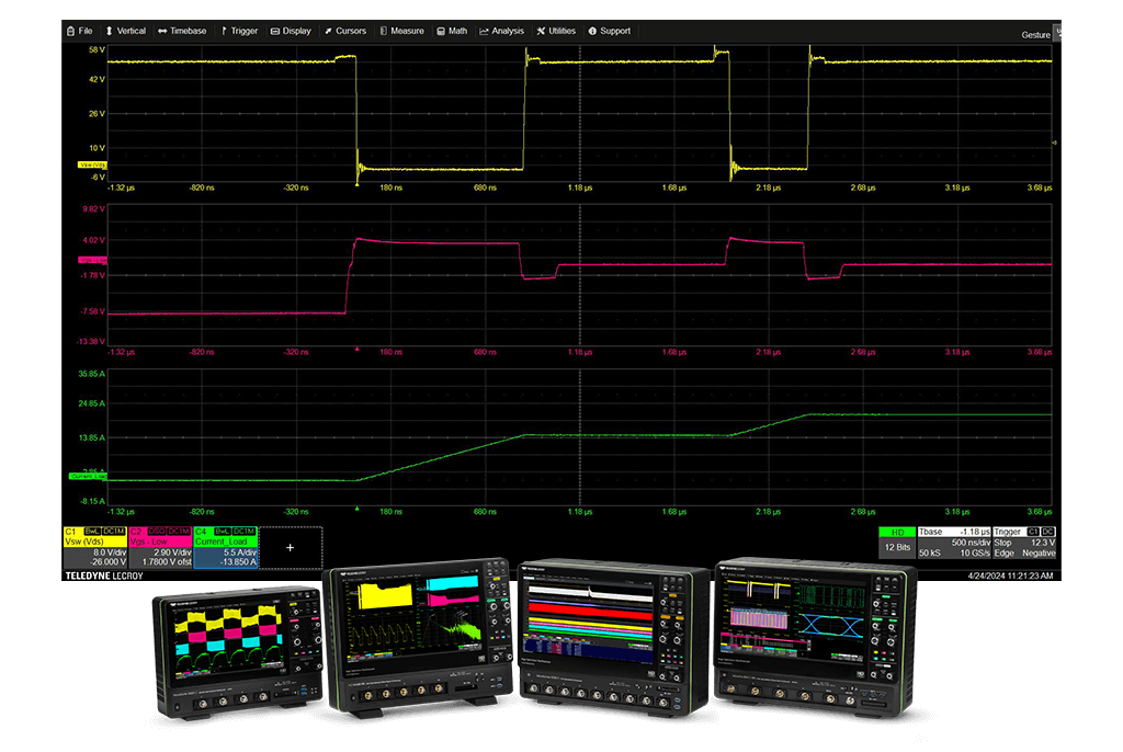 前景中使用 Teledyne LeCroy 高清示波器 (HDO) 產品線從 48 MHz 到 200 GHz 進行 8V 電源轉換信號采集