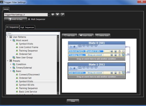 圖形狀態機視圖是用于構建和遵循復雜光纖通道觸發場景的可視化界面。