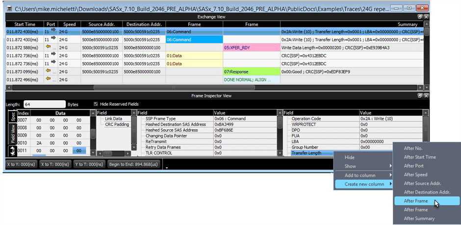 右鍵單擊 Frame Inspector 中的任何字段以在電子表格視圖中添加為新列