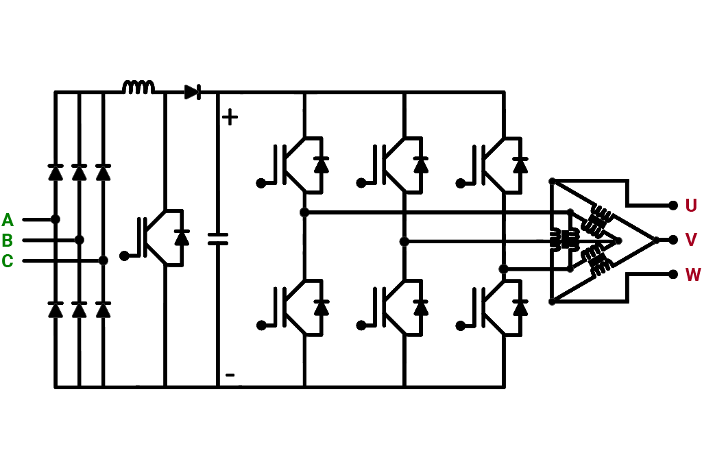 帶三相輸出濾波變壓器的碳化硅 SiC IGBT 功率轉換系統示意圖